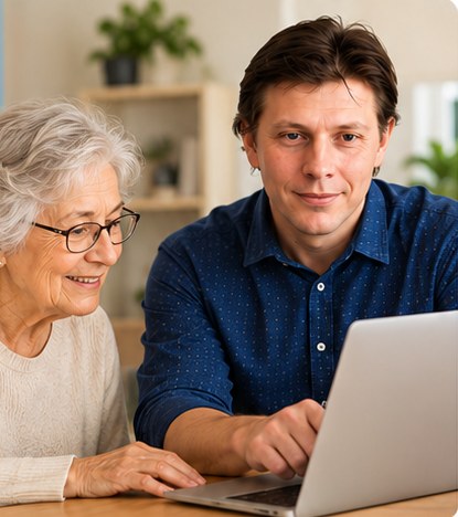 Persönliche Computerschulung am Laptop bei einer Kundin zu Hause